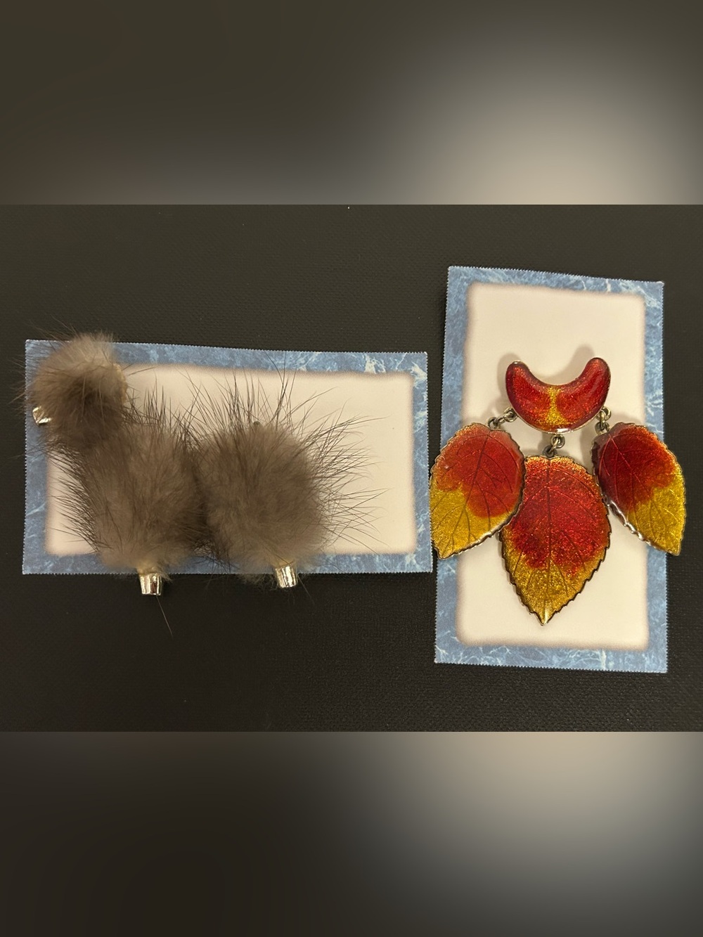 Vintage Mink Poodle and Enamel Leaves Brooches
